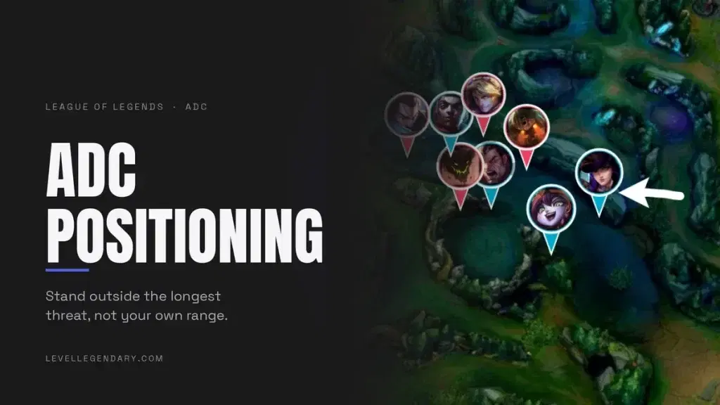 Summoner's Rift teamfight map showing an ADC positioned outside the longest enemy threat range