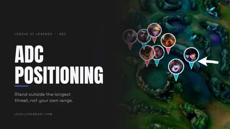 Summoner's Rift teamfight map showing an ADC positioned outside the longest enemy threat range