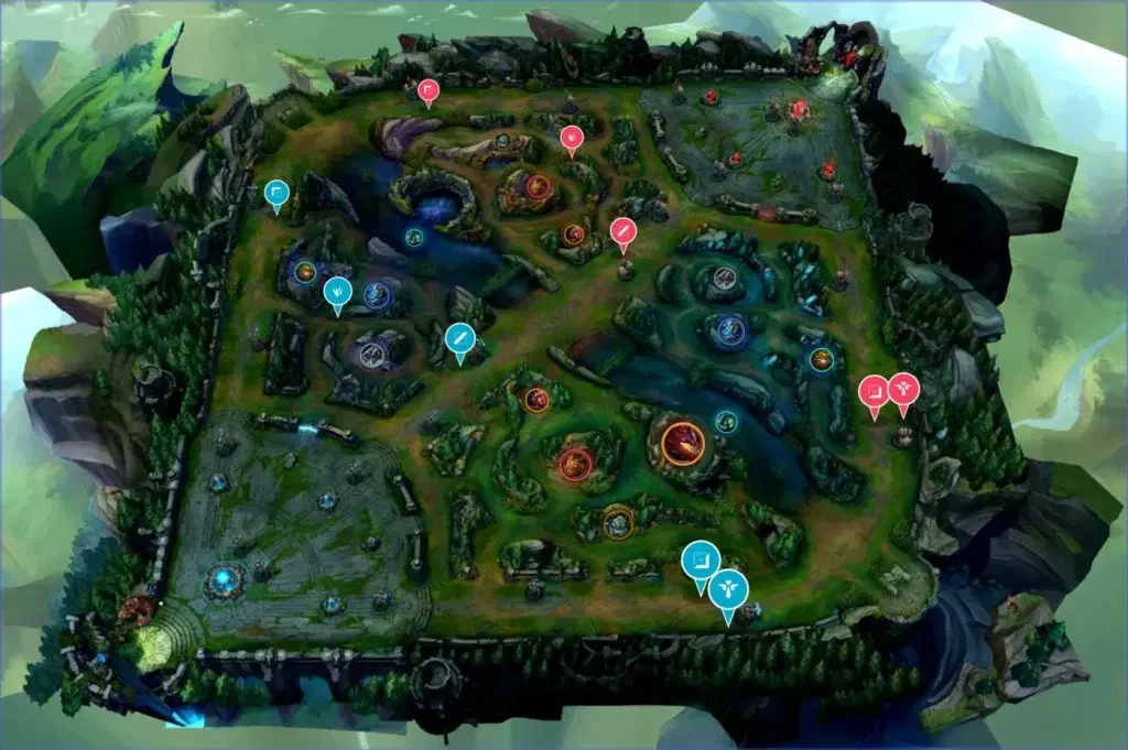 The Level Legendary Map Planner: a 3D Summoner's Rift with champion pins, wards and jungle camps plotted for a first-dragon setup