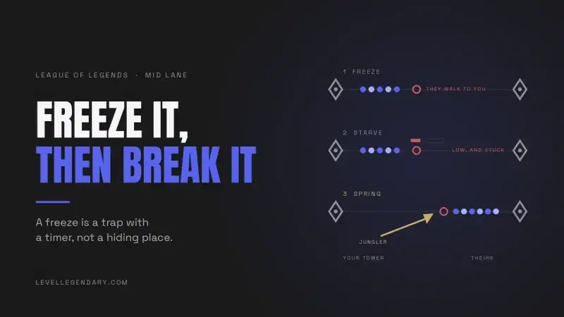 Three stage diagram: freeze the wave outside your tower, starve the enemy, then break it as your jungler arrives