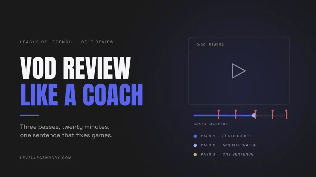 Replay timeline with death markers and the three review passes: death scrub, minimap watch, one sentence