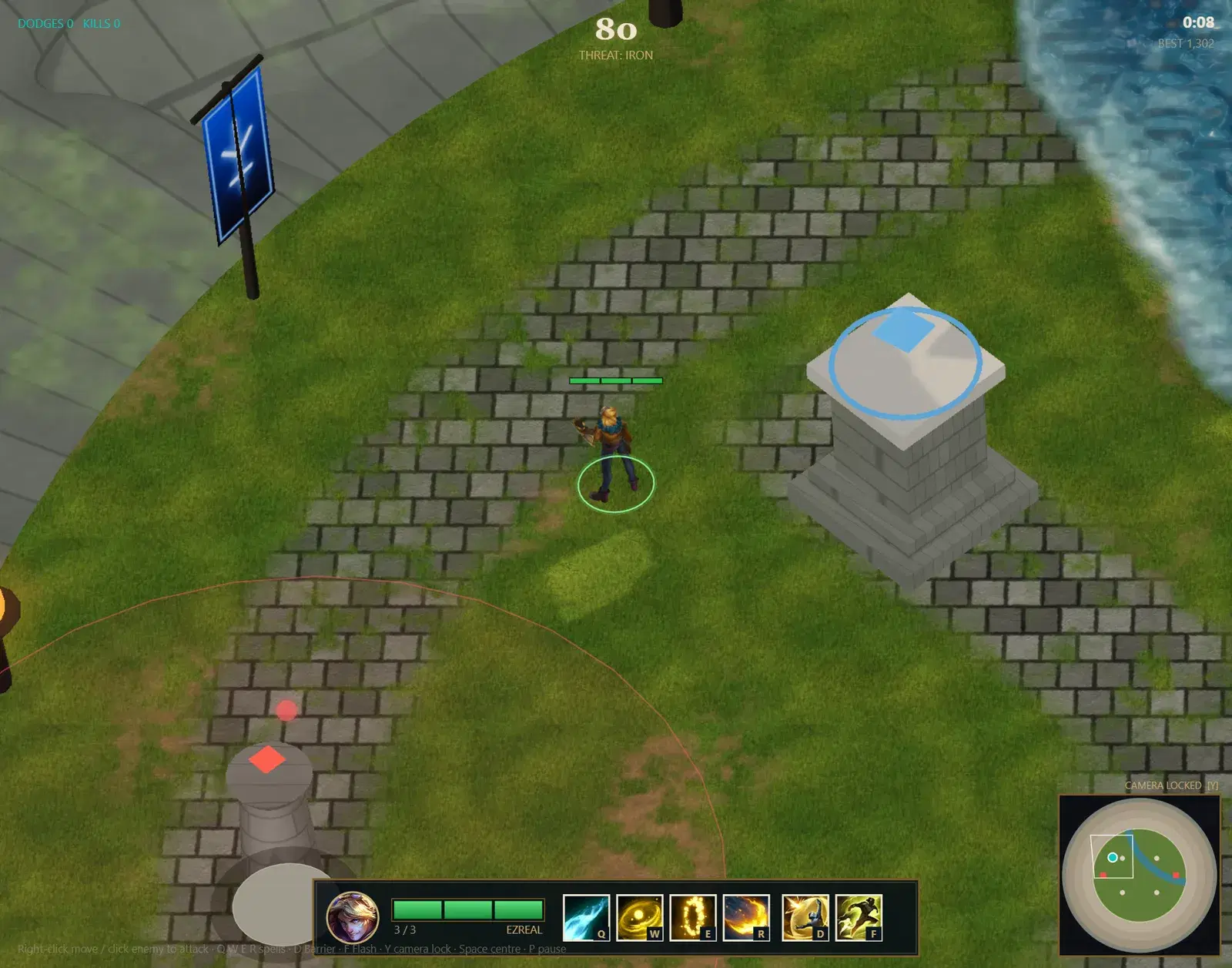 Ezreal dodging a skillshot in the Skillshot Trainer arena